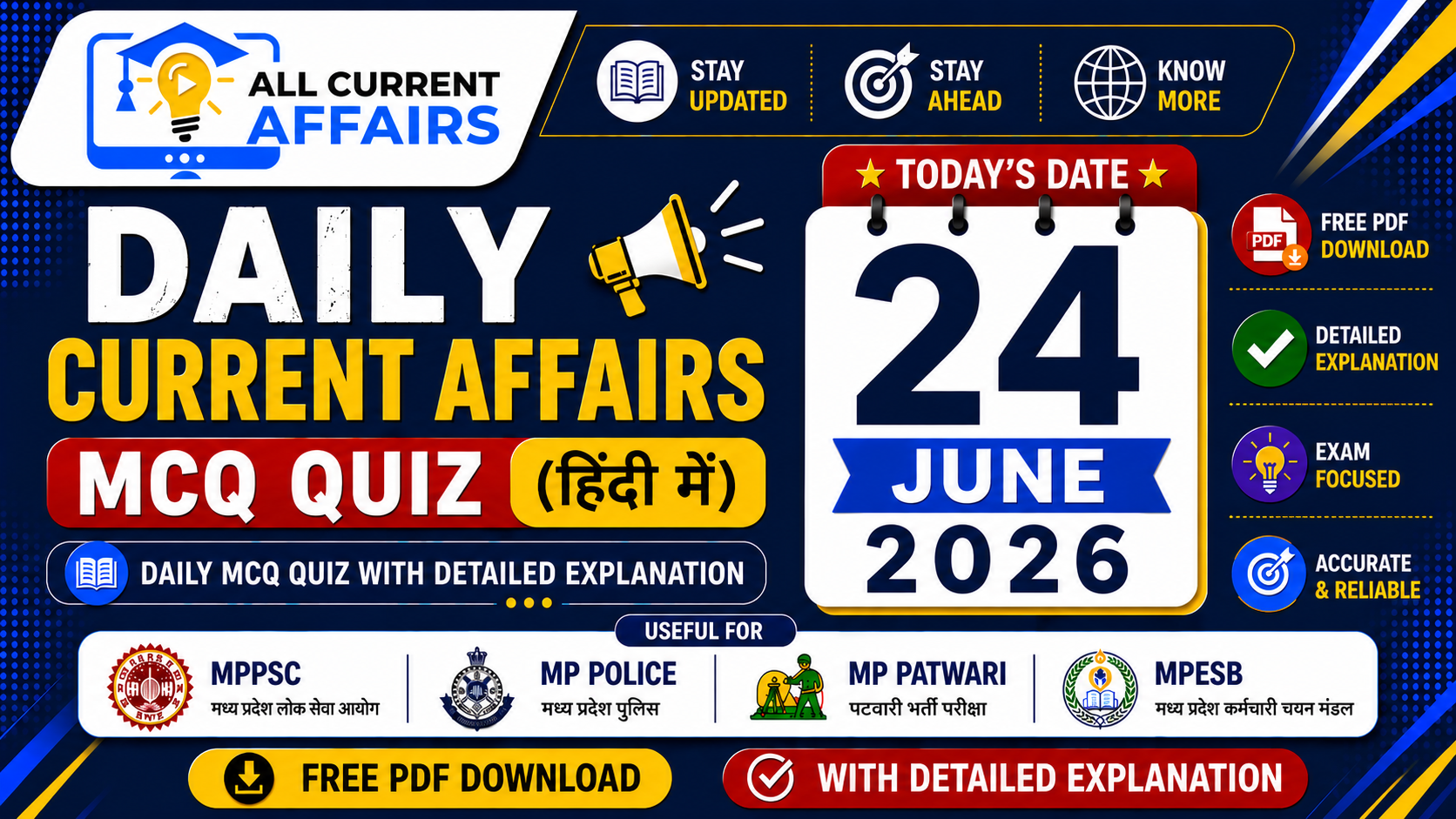 24 June 2026 MP Current Affairs MCQ in Hindi With Explanation PDF for MPPSC, MP Police, MPESB